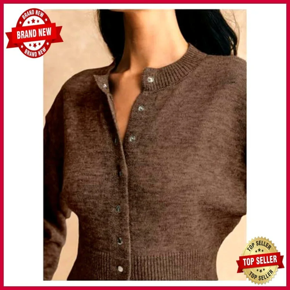 Button Up Cropped Cardigan Sweater Cinched Waist Long Sleeve Knitwear Top_4